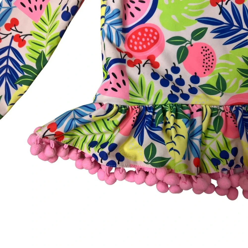 Nicole‎ Miller New York Girls Tropical Fruit Rash Guard Peplum Pom Pom Swim Top